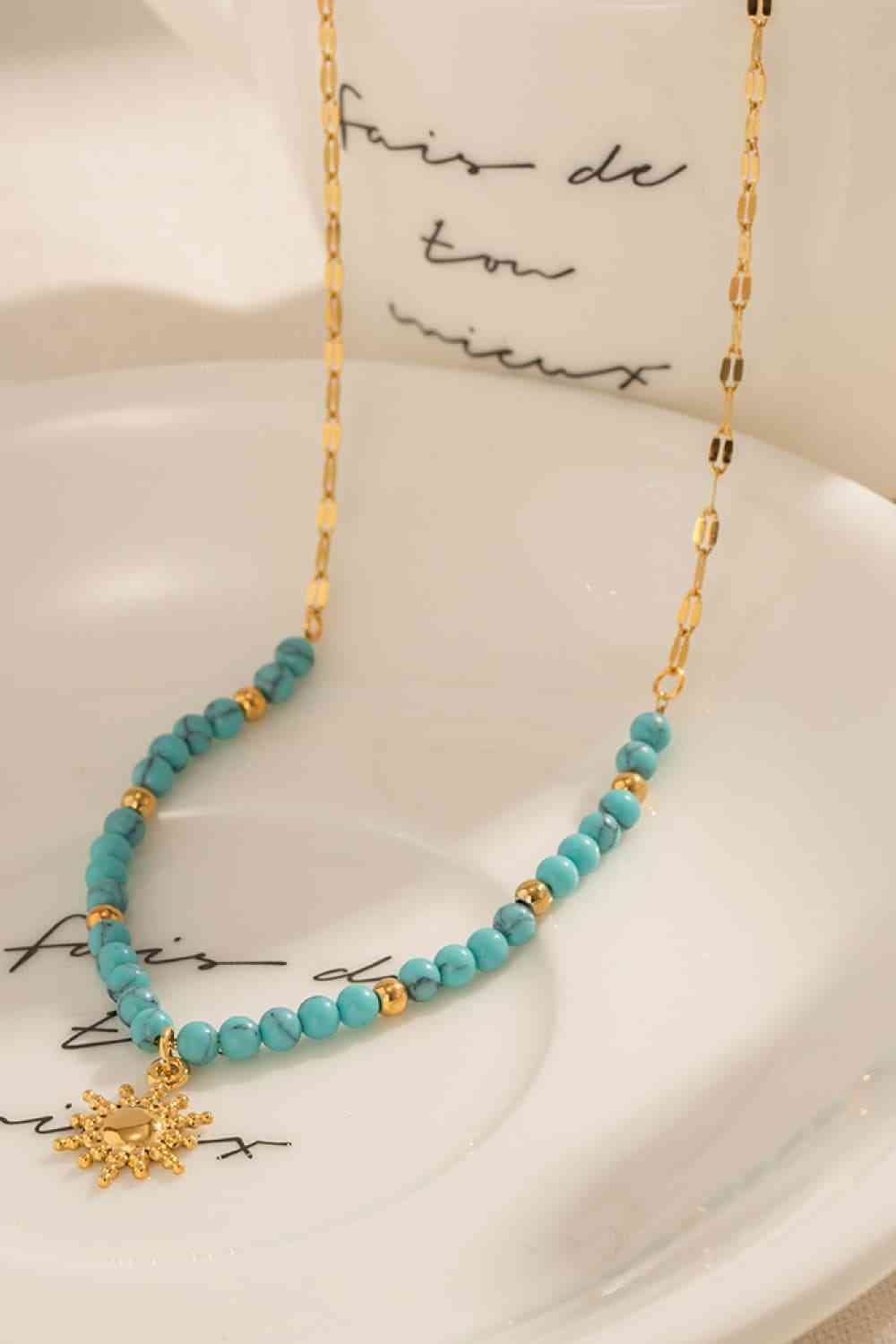 Turquoise Beaded 18K Gold-Plated Sun Shape Pendant Necklace BLUE ZONE PLANET