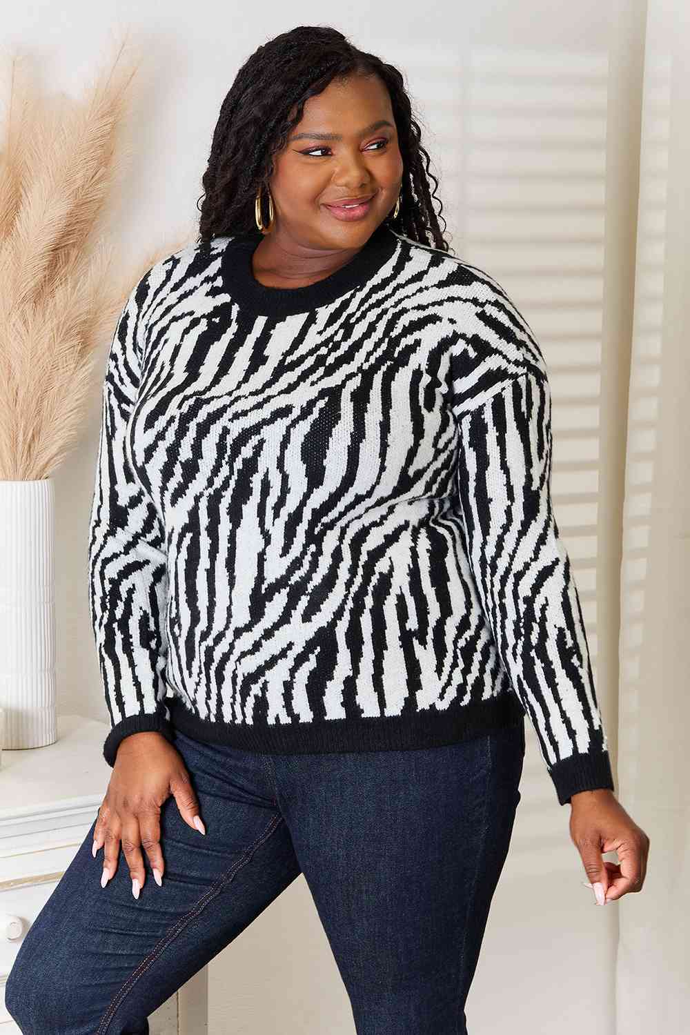 Heimish Full Size Zebra Print Sweater BLUE ZONE PLANET