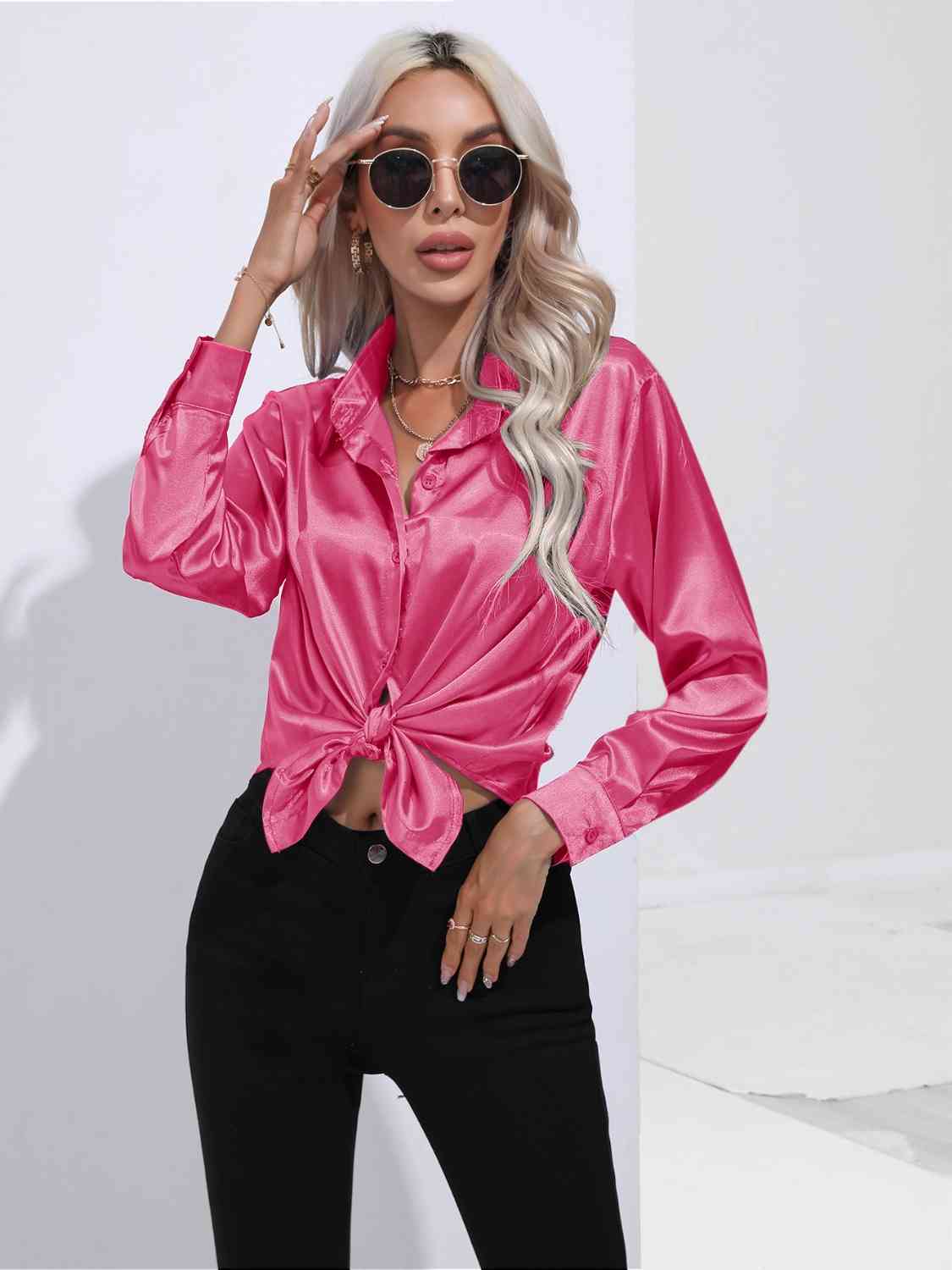 Collared Neck Buttoned Long Sleeve Shirt BLUE ZONE PLANET