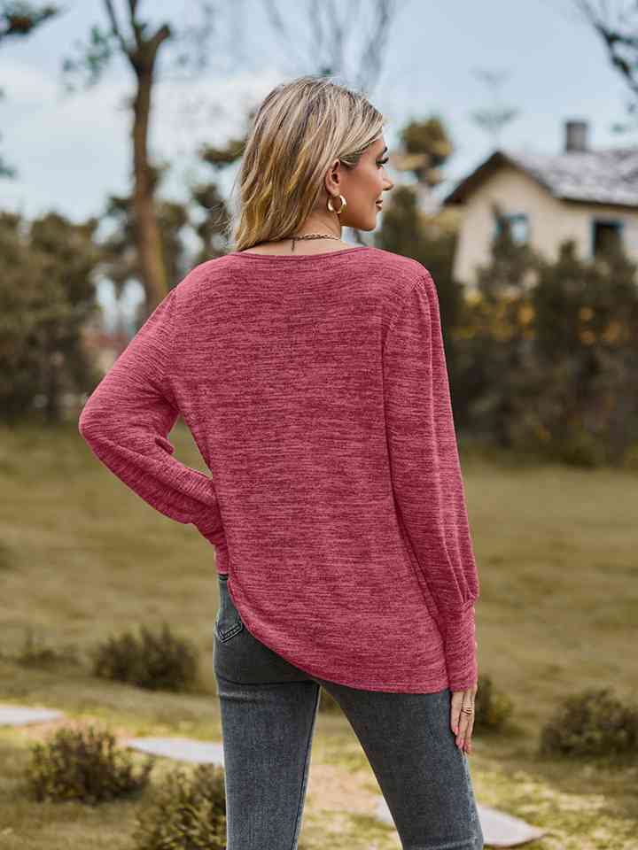 Round Neck Long Sleeve Buttoned T-Shirt BLUE ZONE PLANET