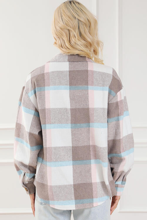 Pocketed Plaid Collared Neck Jacket BLUE ZONE PLANET
