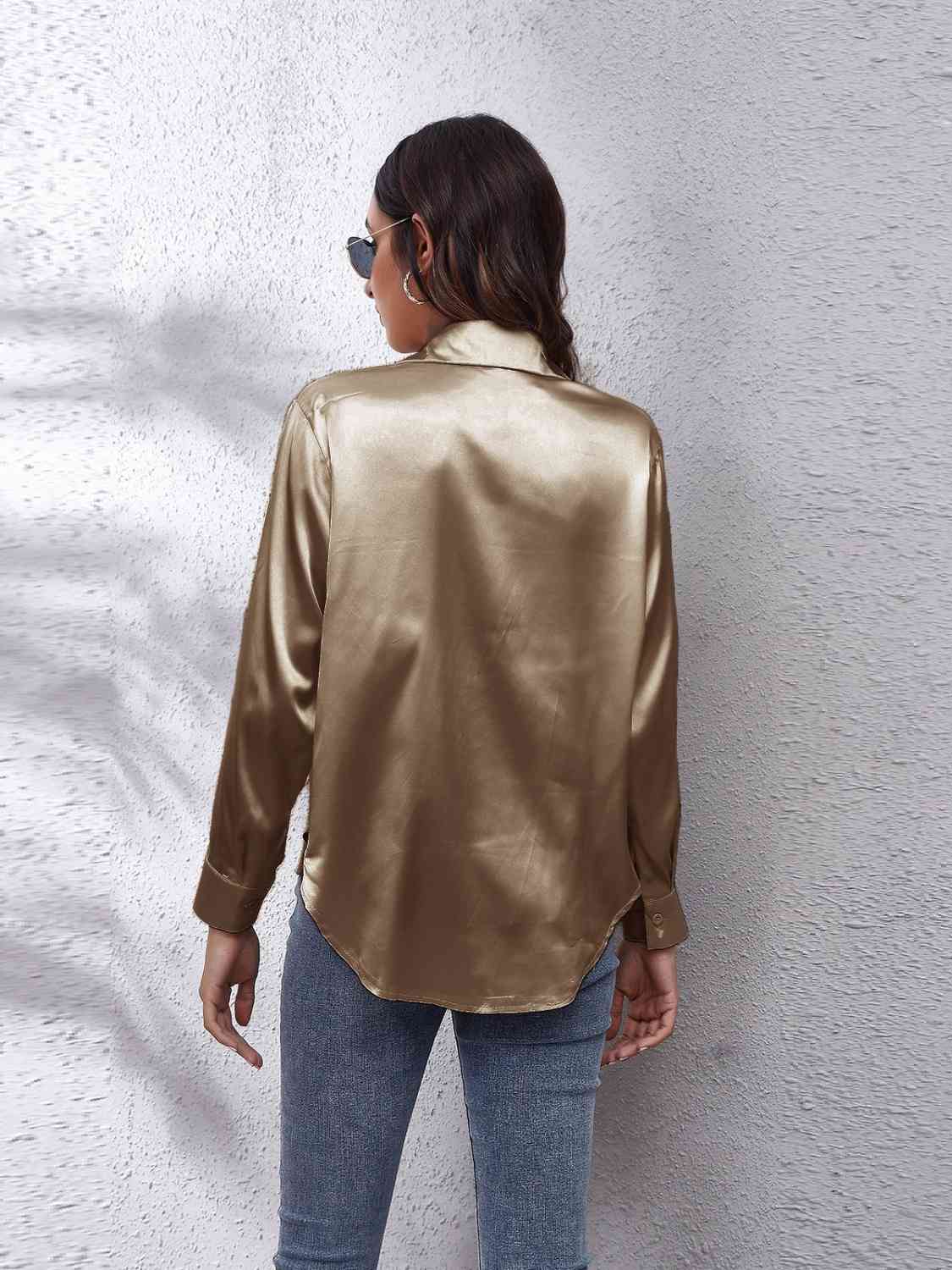 Collared Neck Buttoned Long Sleeve Shirt BLUE ZONE PLANET