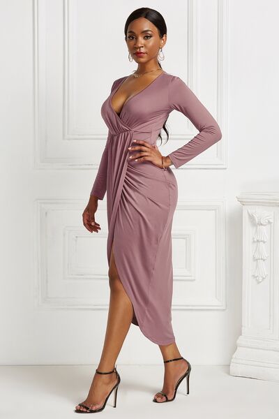 Blue Zone Planet |  High-low Ruched Surplice Long Sleeve Dress BLUE ZONE PLANET