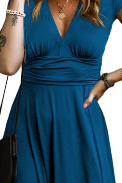 Smocked V-Neck Cap Sleeve Dress BLUE ZONE PLANET