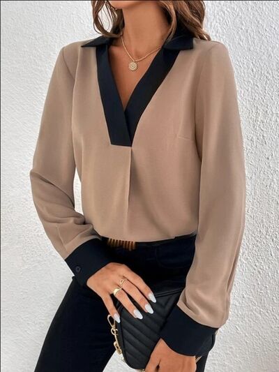 Blue Zone Planet | Contrast Trim V-Neck Long Sleeve Blouse BLUE ZONE PLANET