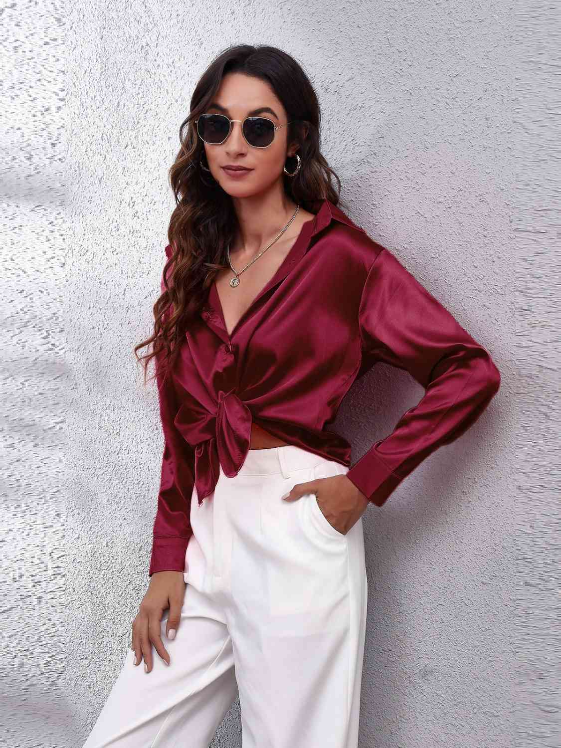 Collared Neck Buttoned Long Sleeve Shirt BLUE ZONE PLANET