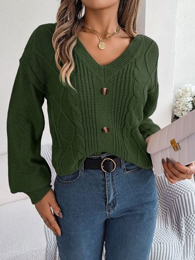 Blue Zone Planet | Cable-Knit Buttoned V-Neck Sweater BLUE ZONE PLANET