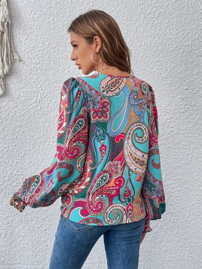 Blue Zone Planet | Printed Surplice Smocked Lantern Sleeve Blouse BLUE ZONE PLANET