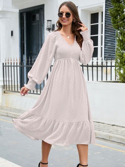 Swiss Dot V-Neck Smocked Lantern Sleeve Ruffle Hem Dress BLUE ZONE PLANET
