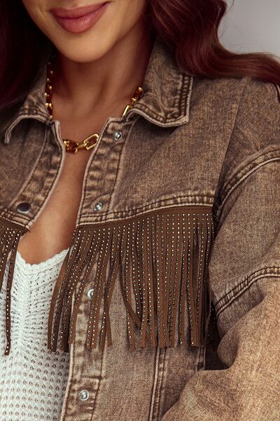 Fringe Trim Snap Down Denim Jacket BLUE ZONE PLANET