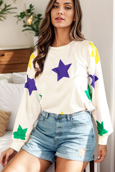 Blue Zone Planet | Star Print Round Neck Lantern Sleeve T-Shirt BLUE ZONE PLANET