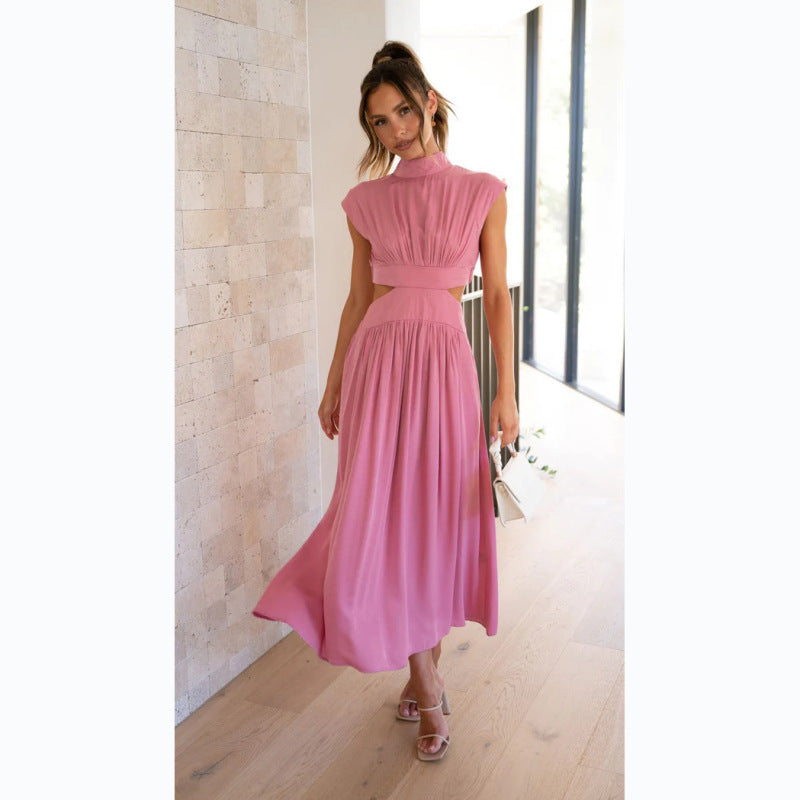 Blue Zone Planet | Stand Collar Macaron Open Waist Pleated Long Dress kakaclo