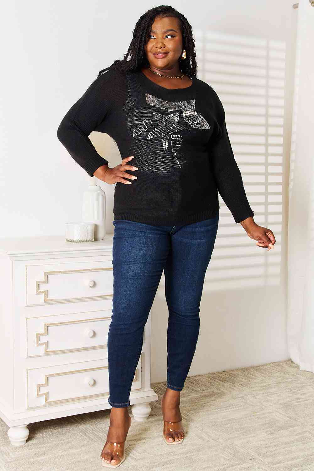 Double Take Sequin Graphic Dolman Sleeve Knit Top BLUE ZONE PLANET