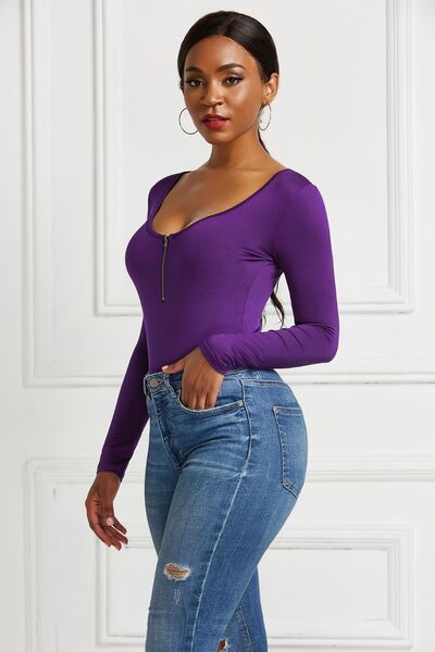 Blue Zone Planet | Half Zip Scoop Neck Long Sleeve Bodysuit BLUE ZONE PLANET