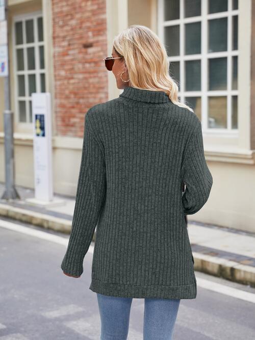 Ribbed Turtleneck Long Sleeve Slit Knit Top BLUE ZONE PLANET