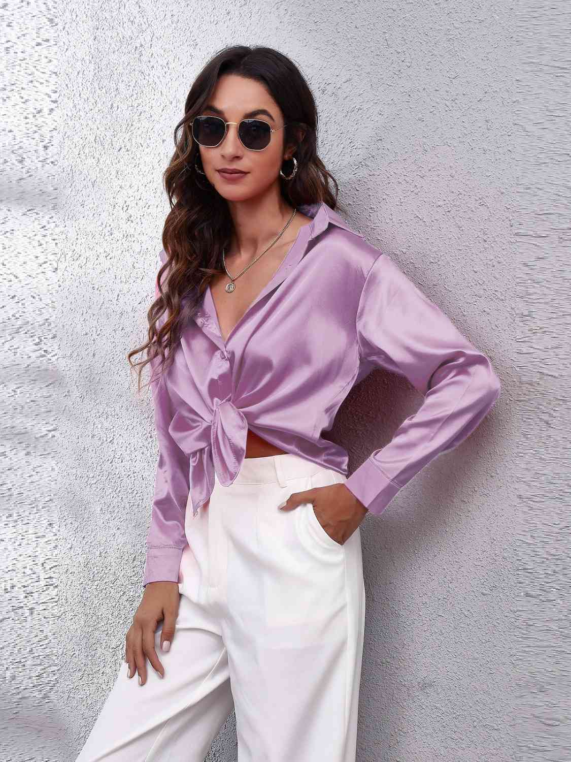 Collared Neck Buttoned Long Sleeve Shirt BLUE ZONE PLANET