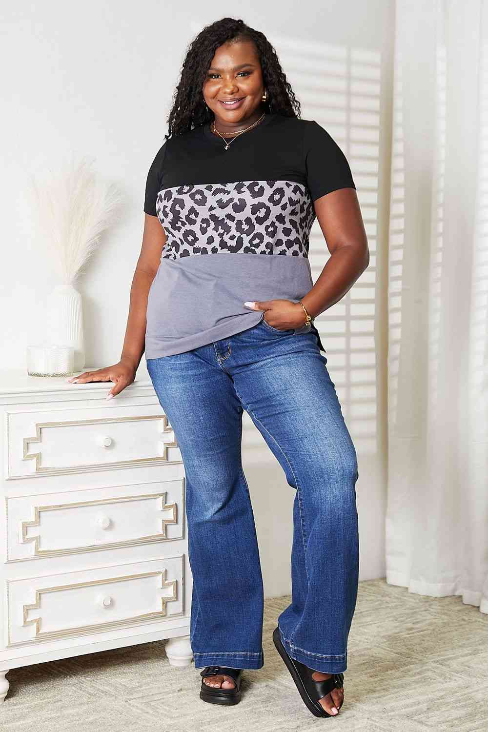Double Take Leopard Print Color Block Short Sleeve T-Shirt BLUE ZONE PLANET