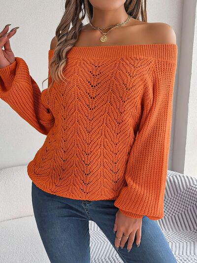 Blue Zone Planet | Openwork Off-Shoulder Long Sleeve Sweater BLUE ZONE PLANET