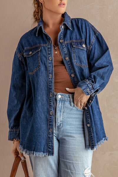 Blue Zone Planet | Button Up Pocketed Raw Hem Denim Jacket BLUE ZONE PLANET