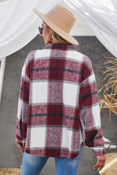 Blue Zone Planet | Plaid Button Up Dropped Shoulder Jacket BLUE ZONE PLANET