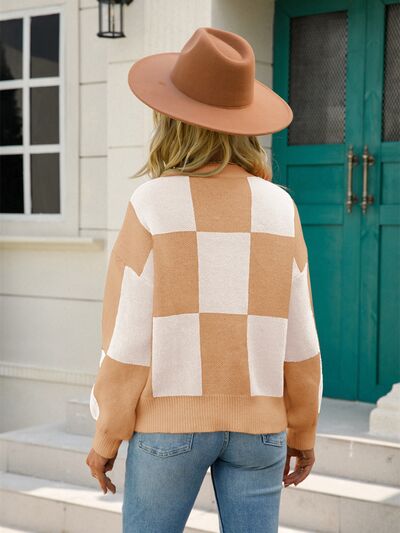 Checkered Round Neck Dropped Shoulder Sweater BLUE ZONE PLANET