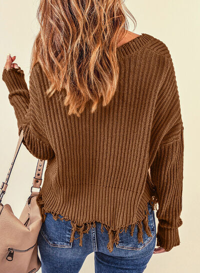 Fringe V-Neck Dropped Shoulder Sweater Trendsi