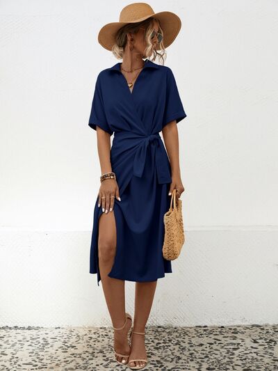 Blue Zone Planet |  Tied Slit Short Sleeve Dress BLUE ZONE PLANET