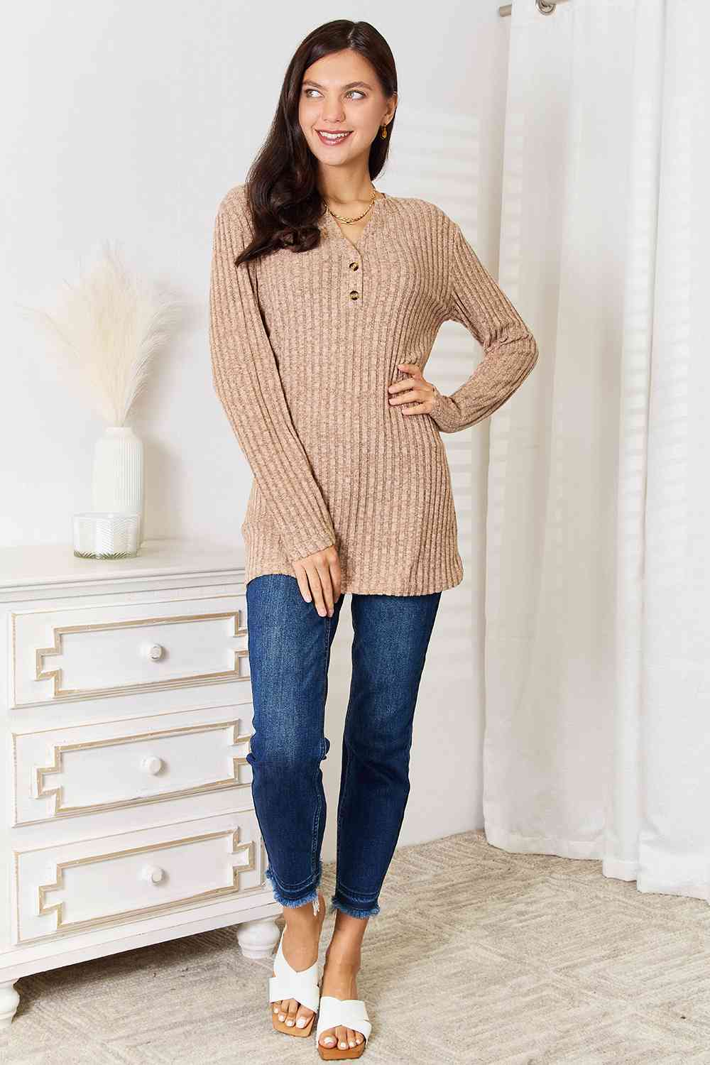 Double Take Notched Neck Ribbed Long Sleeve T-Shirt BLUE ZONE PLANET