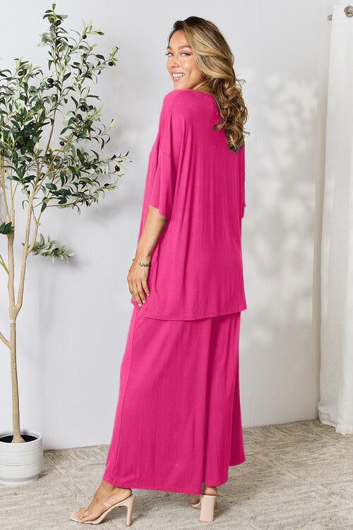 Double Take Full Size Round Neck Slit Top and Pants Set BLUE ZONE PLANET
