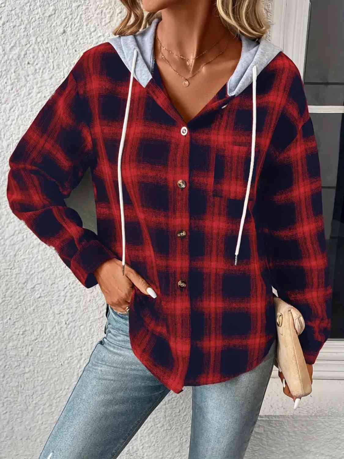 Plaid Drawstring Button Up Hooded Jacket BLUE ZONE PLANET