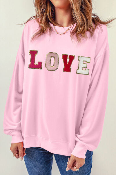 Blue Zone Planet | LOVE Patch Round Neck Dropped Shoulder Sweatshirt BLUE ZONE PLANET