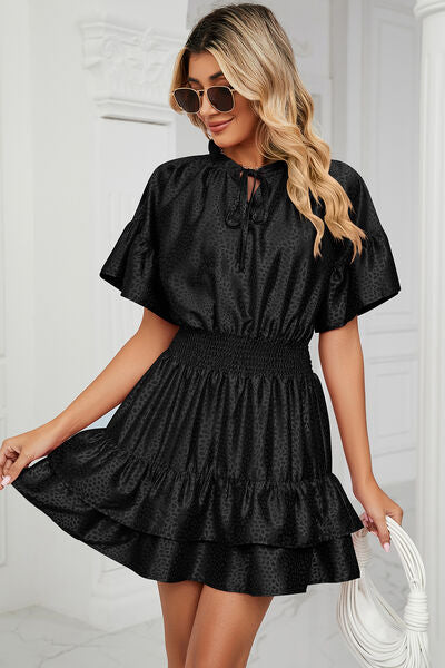 Smocked Tie Neck Flounce Sleeve Dress BLUE ZONE PLANET