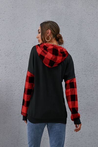 Plaid Drawstring Dropped Shoulder Hoodie BLUE ZONE PLANET