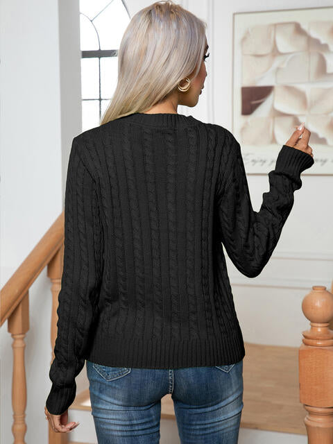 Cable-Knit Round Neck Long Sleeve Sweater BLUE ZONE PLANET