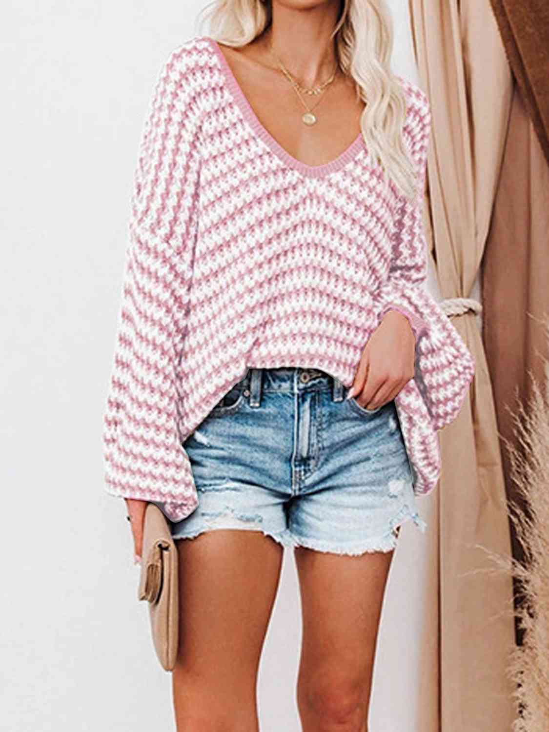 Striped Drop Shoulder V-Neck Sweater BLUE ZONE PLANET