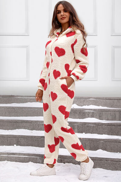 Blue Zone Planet | Fuzzy Heart Zip Up Hooded Lounge Jumpsuit BLUE ZONE PLANET