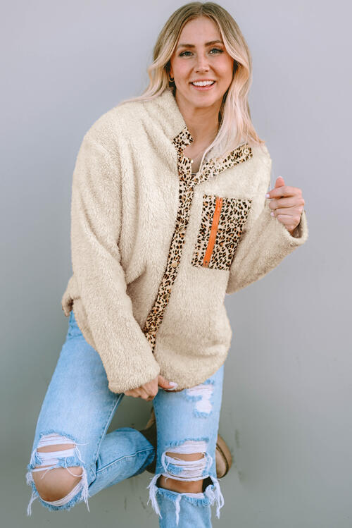 Leopard Snap Down Pocketed Collared Neck Jacket BLUE ZONE PLANET