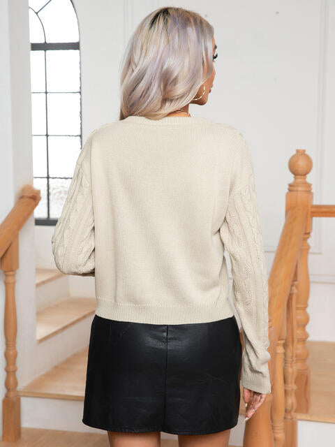 Cable-Knit Round Neck Long Sleeve Sweater BLUE ZONE PLANET