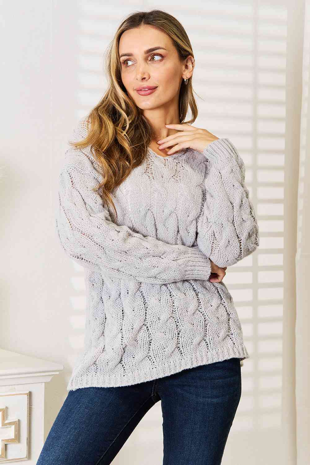 Woven Right Cable-Knit Hooded Sweater BLUE ZONE PLANET