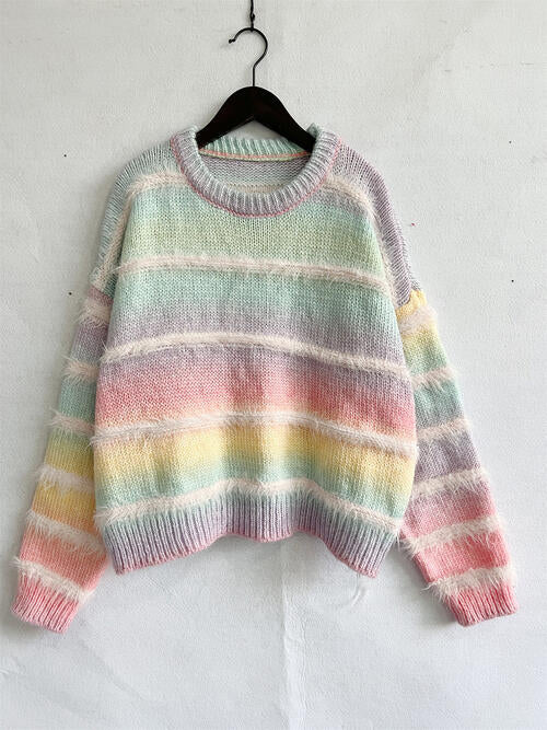 Blue Zone Planet | Striped Round Neck Long Sleeve Sweater BLUE ZONE PLANET