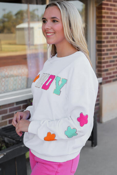 Blue Zone Planet | HOWDY Patch Graphic Round Neck Sweatshirt BLUE ZONE PLANET
