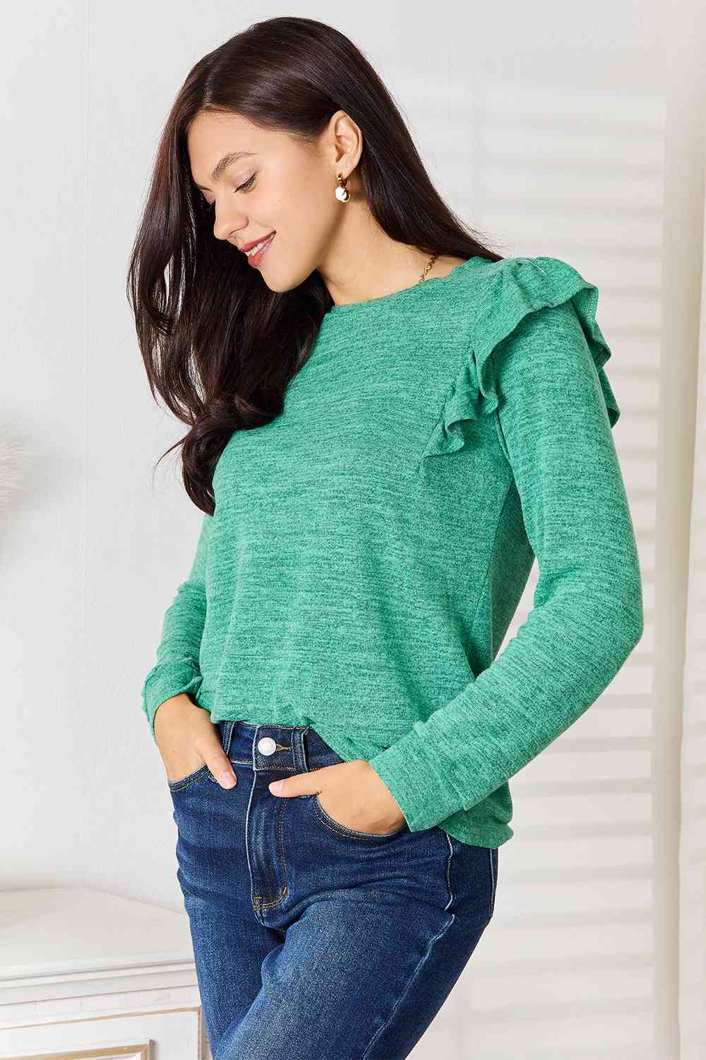 Double Take Ruffle Shoulder Long Sleeve T-Shirt BLUE ZONE PLANET