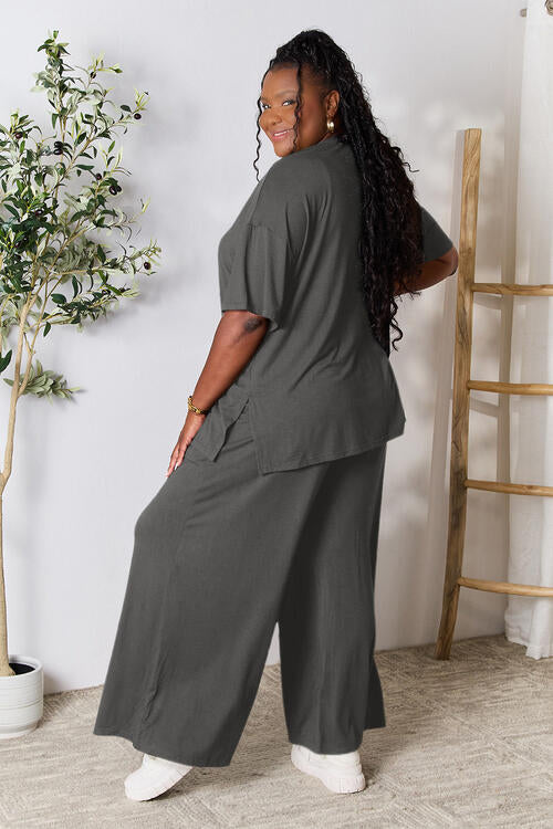 Double Take Full Size Round Neck Slit Top and Pants Set BLUE ZONE PLANET