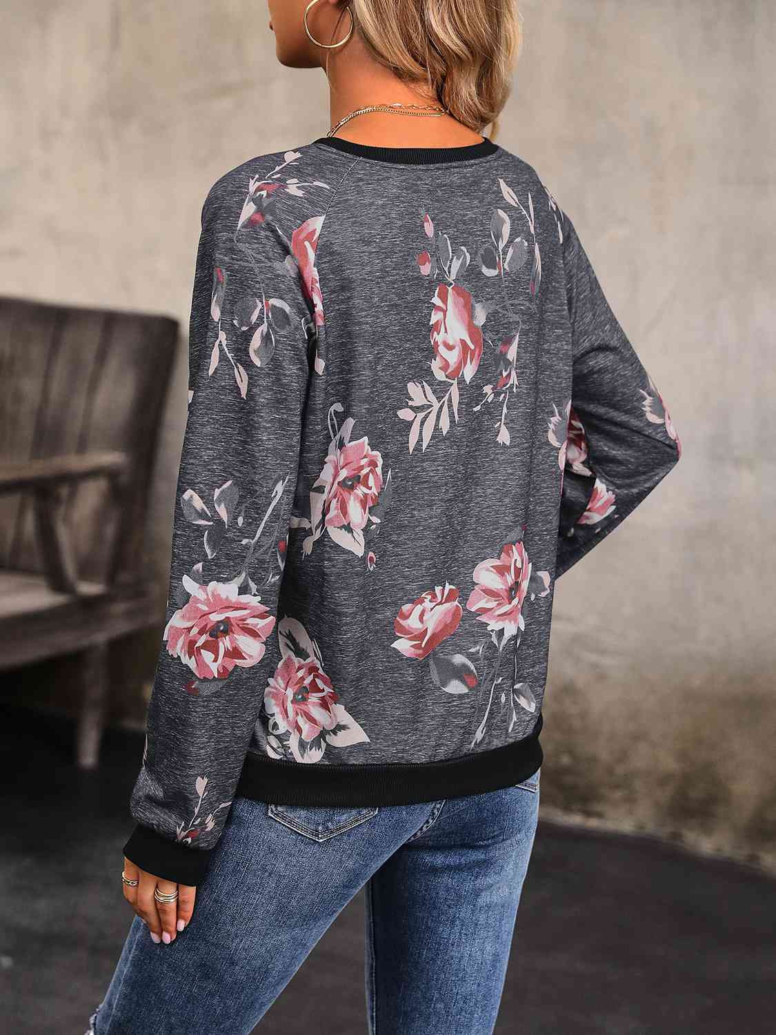 Floral Round Neck Raglan Sleeve Sweatshirt BLUE ZONE PLANET