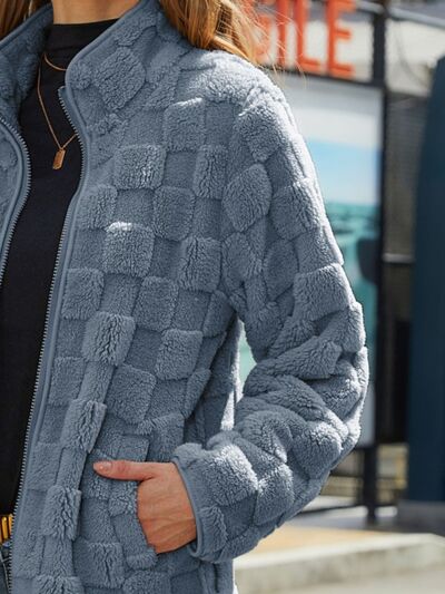 Blue Zone Planet | Fuzzy Checkered Zip Up Jacket BLUE ZONE PLANET