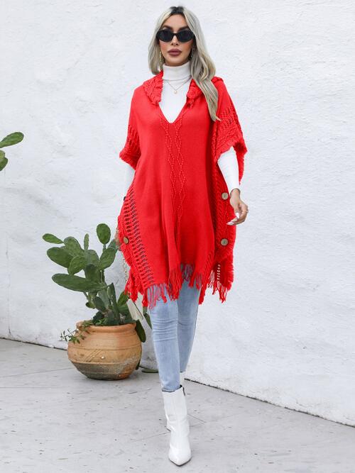 Fringe Trim Buttoned Hooded Poncho BLUE ZONE PLANET