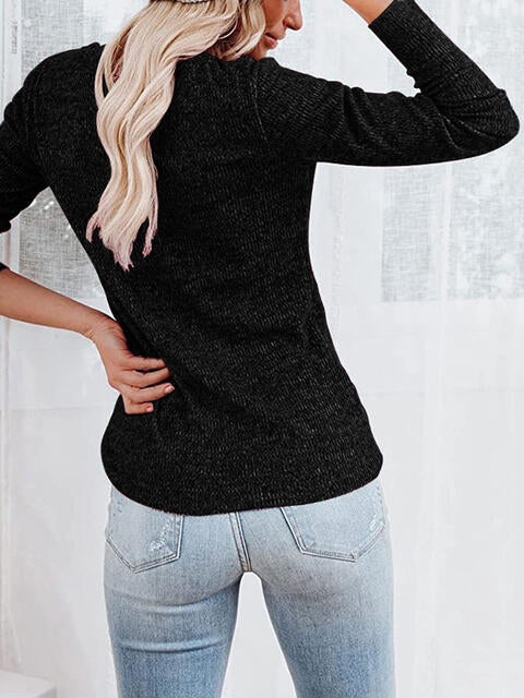 Round Neck Buttoned Long Sleeve T-Shirt BLUE ZONE PLANET