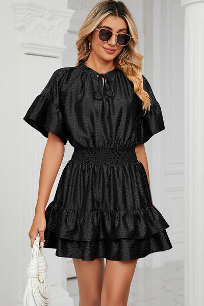Smocked Tie Neck Flounce Sleeve Dress BLUE ZONE PLANET