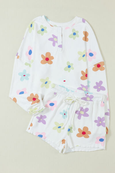 Blue Zone Planet | Printed Quarter Button Top and Drawstring Shorts Lounge Set BLUE ZONE PLANET