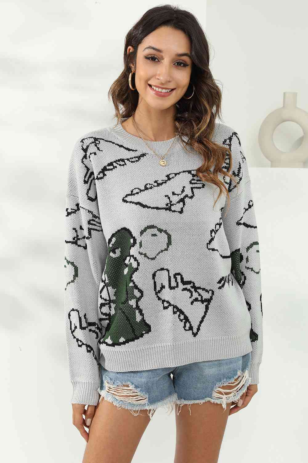 Dinosaur Print Pullover Sweater BLUE ZONE PLANET